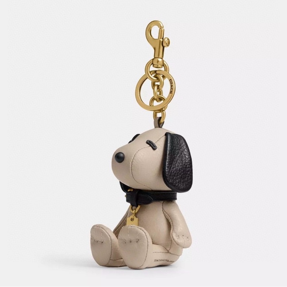 Coach Beige and Black Leather Snoopy Keychain with Gold Hardware